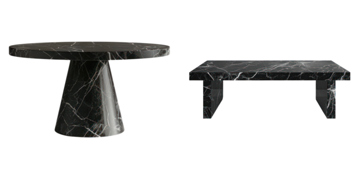 Black marble stone podium table isolated on transparent background, PNG, Set of