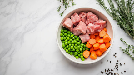 Raw dog food with fresh meat, peas, and carrots in a ceramic bowl on a marble countertop, natural pet diet concept.