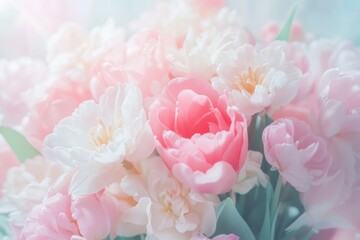 Fototapeta premium Soft Pastel Peonies and Tulips in Bloom with Delicate Petals and Lush Greenery