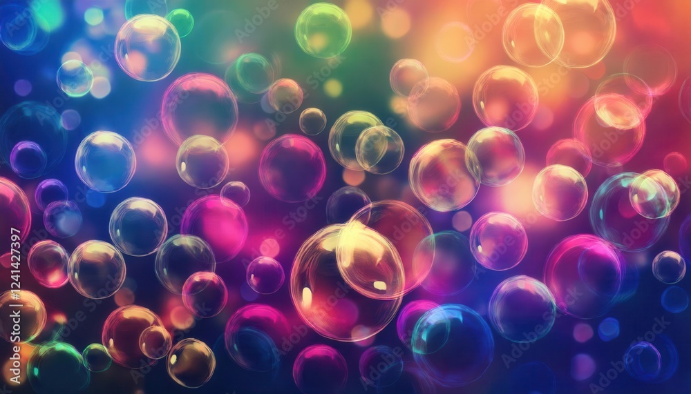 Poster colorful glowing bubbles floating in abstract rainbow gradient background with soft blurred lights