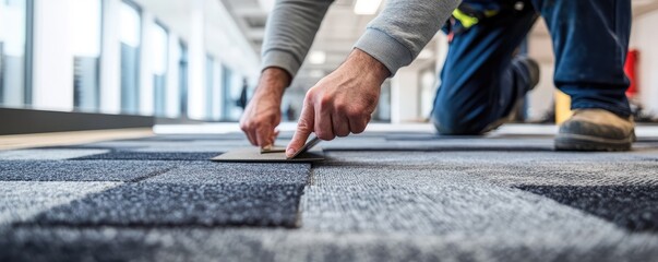 A flooring professional carefully aligns carpet tiles on an office floor, reflecting precision.