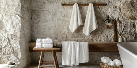 Luxurious Bathroom Decor With White Towels and Stone Walls