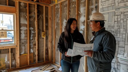 Client and engineer discussing ventilation systems in a room under construction
