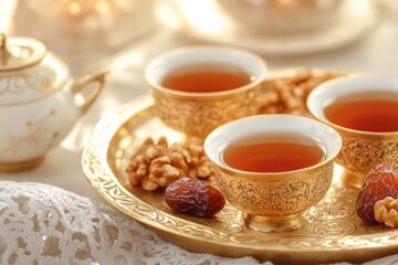 Fototapeta premium Elegant Tea Setting with Golden Cups, Walnuts, and Dates on a Laceadorned Table