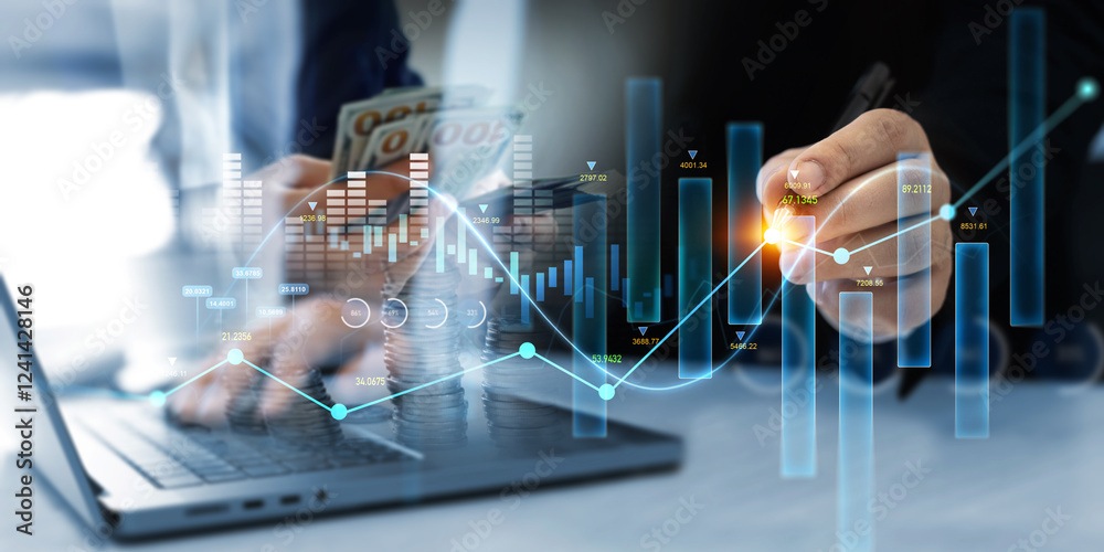 Aufkleber Businessman draw finance growth and graph chart diagram and analysing sale data.Analysis finance grow graph and market investment. Business strategy and data on economic growth graph chart.