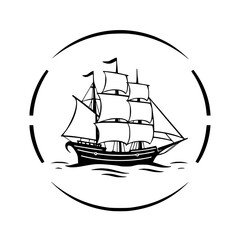 Vintage Sailing Ship: Nautical Vessel Icon, Ocean Travel, Maritime Design, Black and White Vector Illustration
