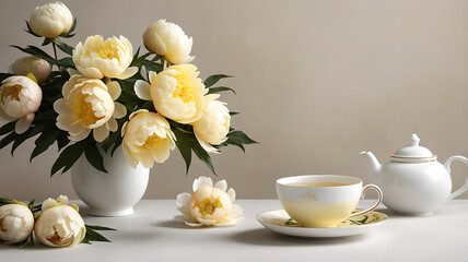A beautiful cup of hot tea scene with pastel yellow peonies and an elegant porcelain cup on a background.