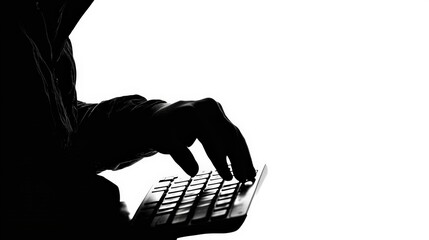 Silhouette of a person typing on a keyboard against a stark white background, depicting focus and concentration
