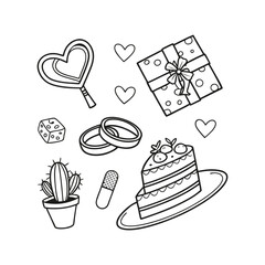 Valentine's Day Doodle Det, Wedding Rings and Heart-Shaped Cake
