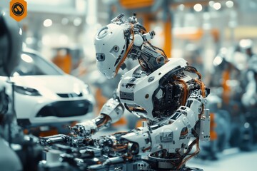 Fototapeta premium Automated robotic arm assembling a car in a futuristic factory.