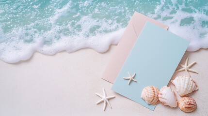 Tropical wedding invitation mockup with envelopes and seashells on sandy beach background