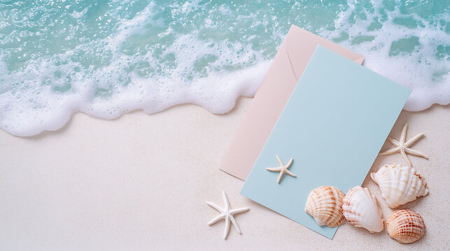 Tropical wedding invitation mockup with envelopes and seashells on sandy beach background
