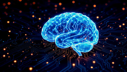 A glowing brain on a circuit board, symbolizing artificial intelligence.