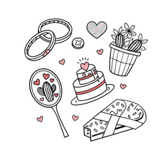 Valentine's Day Doodle Det, Wedding Rings and Heart-Shaped Cake
