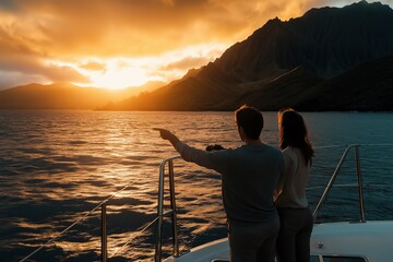 A couple is enjoying a beautiful and romantic sunset while aboard a luxurious yacht during their picturesque summer vacation getaway, creating treasured memories in a breathtaking natural setting