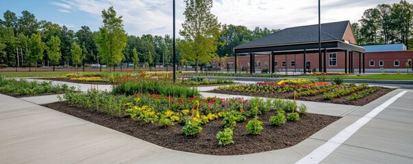 Blooming landscaping outside modern building
