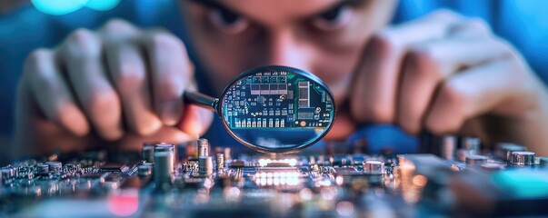 Magnifier hovers over circuit board highlighting tech.