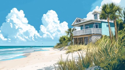 Fototapeta premium Beachy life illustrations celebrate carefree coastal living.