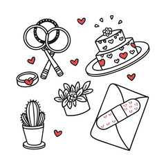 Valentine's Day Doodle Det, Wedding Rings and Heart-Shaped Cake
