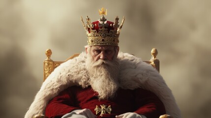 Obraz premium Majestic King Seated on Golden Throne with Regal Crown and Opulent Robes Surrounded by Mysterious Atmosphere