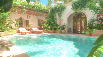 Obraz premium Mediterranean villa pool surrounded by lush greenery and wooden loungers