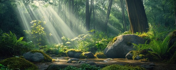 Sunbeams stream through misty forest, illuminating rocks and plants.  Website background