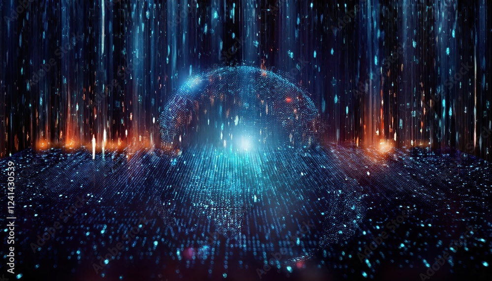 Poster abstract digital data stream with glowing particles, futuristic technology concept, vibrant glowing 