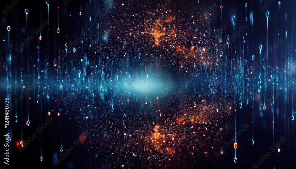 Poster abstract digital data stream with glowing particles, futuristic technology concept, vibrant glowing lines and points