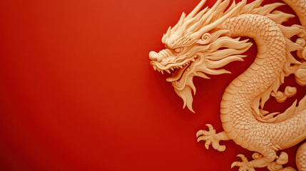 Golden dragon sculpture on vibrant red background with intricate details