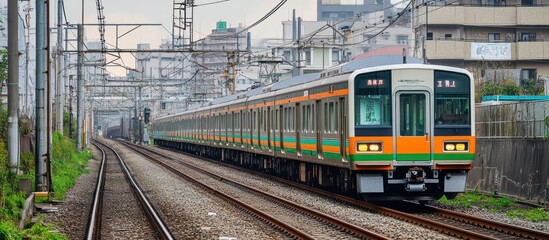 Fototapeta premium Commuter train passing urban railway, city backdrop