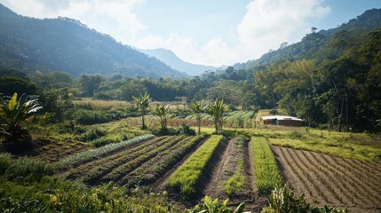 Mountain valley farm, rows crops, rural home, sunny day, agriculture
