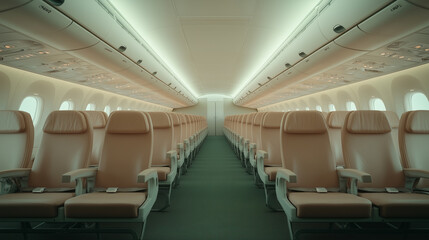 Fototapeta premium Interior view of an empty airplane cabin with comfortable seating during a calm daylight setting. Generative AI