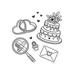 Valentine's Day Doodle Det, Wedding Rings and Heart-Shaped Cake
