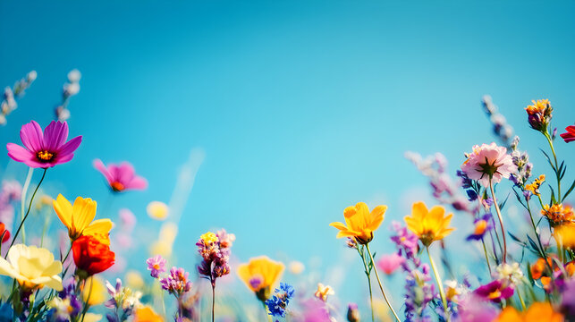 un fondo de un cielo brillante color azul con flores coloridas decorativas de la naturaleza hermoso paisaje con espacio de copia