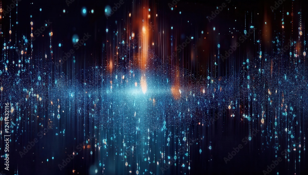 Poster abstract digital data stream with glowing particles, futuristic technology concept, vibrant glowing lines and points