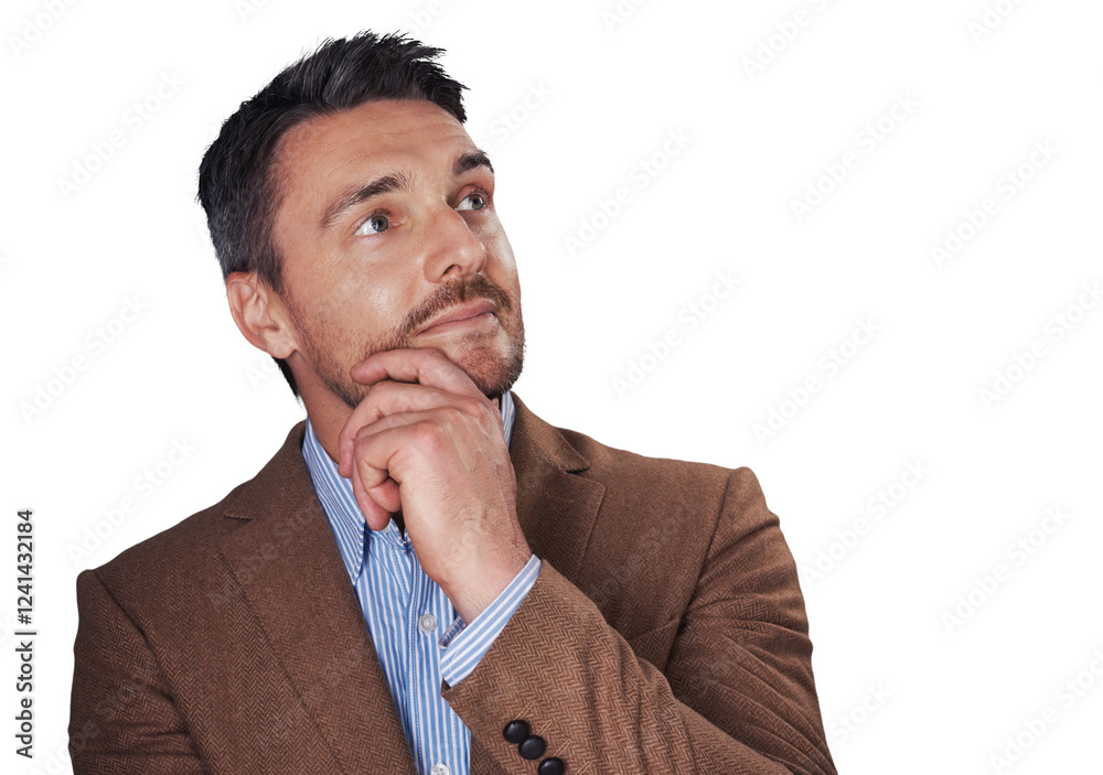 Aufkleber face, thinking and a mature business man isolated on a transparent background for planning or proble