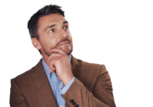 Face, thinking and a mature business man isolated on a transparent background for planning or problem solving. Idea, vision and future with a confident employee in a suit on PNG for professional work