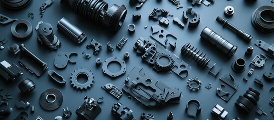 Dark grey industrial parts flatlay; assorted machine components; engineering background; website banner