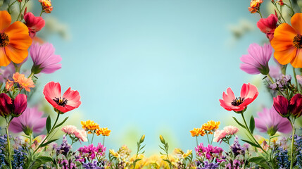 un cielo con espacio de copia y un marco de flores de un jardin coloridas y llamativas