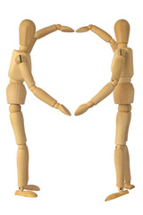 Wooden mannequins showing heart sign isolated on white background.