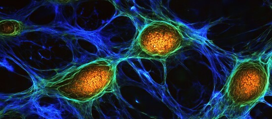 Microscopic Cell Culture Network, vibrant orange cells in blue-green matrix, research background, medical illustration