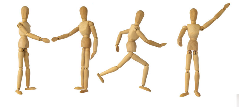 Set of wooden mannequins (gestalt) for drawing in different poses isolated on a white background