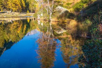 autumnal mountain landscape with a small lake inside the Alpe Devero, Val D'Ossola, Verbania, Italia	