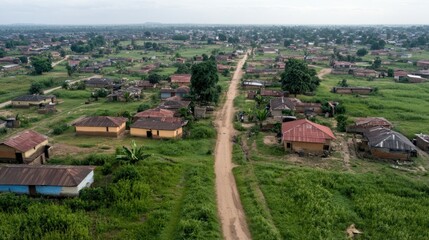 Naklejka premium Aerial view of African village road, rural landscape, development