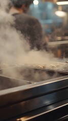 Close-up of a chef preparing food in a busy restaurant kitchen