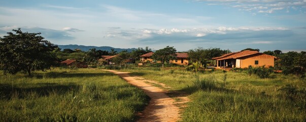 Fototapeta premium Rural village path, houses, mountains background, tourism