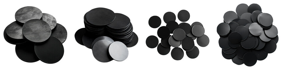 Black round adhesive stickers isolated on transparent background, PNG, Set of