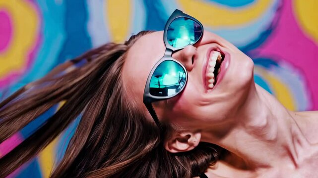 potrait of cheerful young woman laughing with sunglasses against colourful background