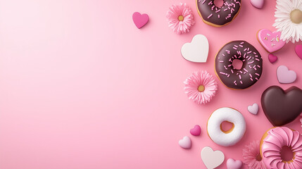 Delicious Valentine's Day Background with Pink Glazed Donuts, Meringues, and Candies Arranged on a Pastel Pink Surface with Copy Space, flat lay
