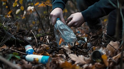 Obraz premium Closeup of Discarded Plastic Bottles Litter and Other Debris Scattered on the Forest Floor Covered in Fallen Leaves and Branches Highlighting Environmental Pollution and Sustainability Issues